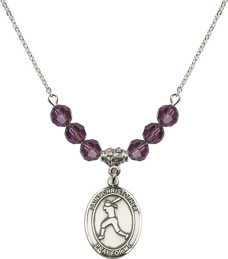 Sterling Silver Saint Christopher/Softball Birthstone Necklace with Amethyst Beads - 8145