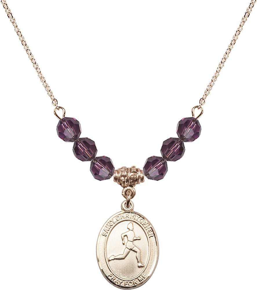14kt Gold Filled Saint Christopher/Track & Field Birthstone Necklace with Amethyst Beads - 8149
