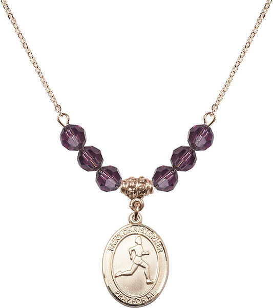 14kt Gold Filled Saint Christopher/Track & Field Birthstone Necklace with Amethyst Beads - 8149