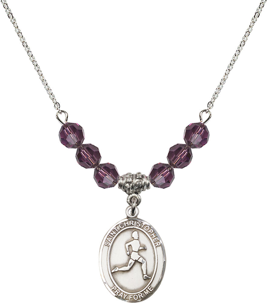 Sterling Silver Saint Christopher/Track & Field Birthstone Necklace with Amethyst Beads - 8149