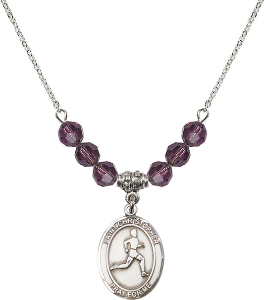 Sterling Silver Saint Christopher/Track & Field Birthstone Necklace with Amethyst Beads - 8149