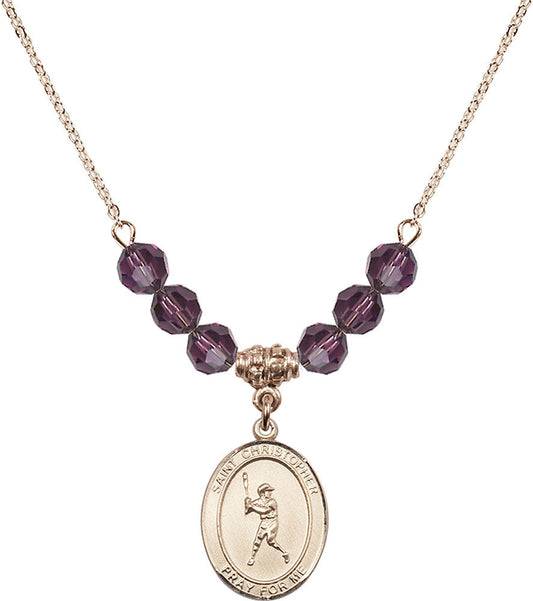 14kt Gold Filled Saint Christopher/Baseball Birthstone Necklace with Amethyst Beads - 8150