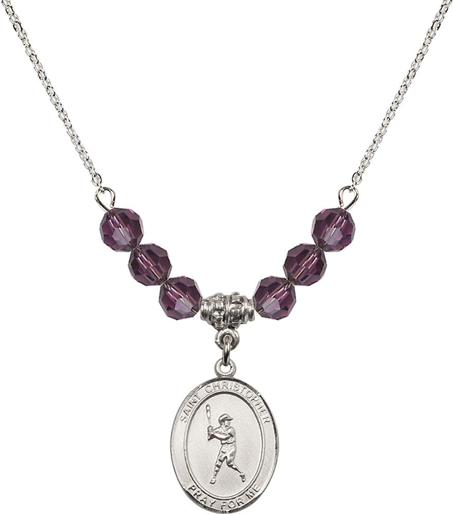 Sterling Silver Saint Christopher/Baseball Birthstone Necklace with Amethyst Beads - 8150