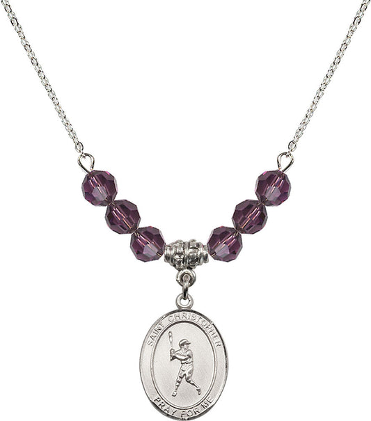 Sterling Silver Saint Christopher/Baseball Birthstone Necklace with Amethyst Beads - 8150