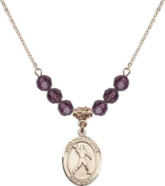 14kt Gold Filled Saint Christopher/Football Birthstone Necklace with Amethyst Beads - 8151