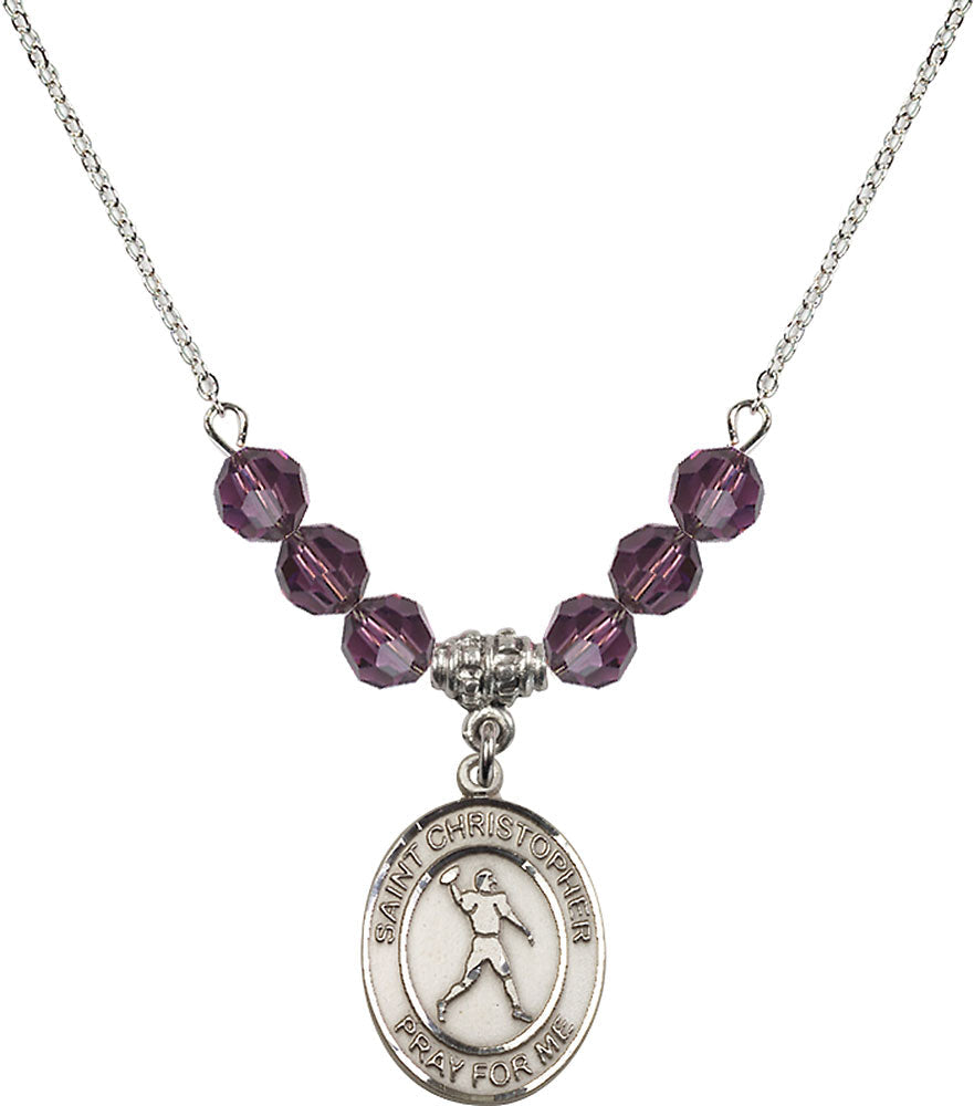 Sterling Silver Saint Christopher/Football Birthstone Necklace with Amethyst Beads - 8151