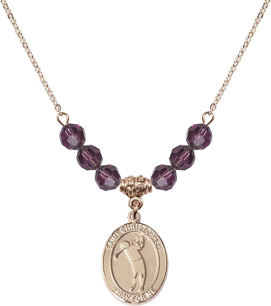 14kt Gold Filled Saint Christopher/Golf Birthstone Necklace with Amethyst Beads - 8152