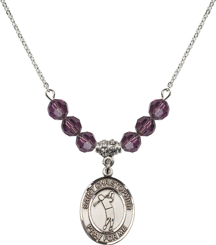 Sterling Silver Saint Christopher/Golf Birthstone Necklace with Amethyst Beads - 8152