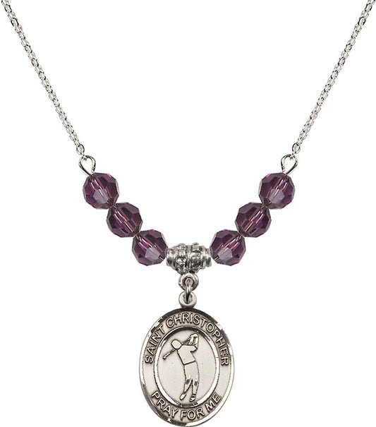 Sterling Silver Saint Christopher/Golf Birthstone Necklace with Amethyst Beads - 8152