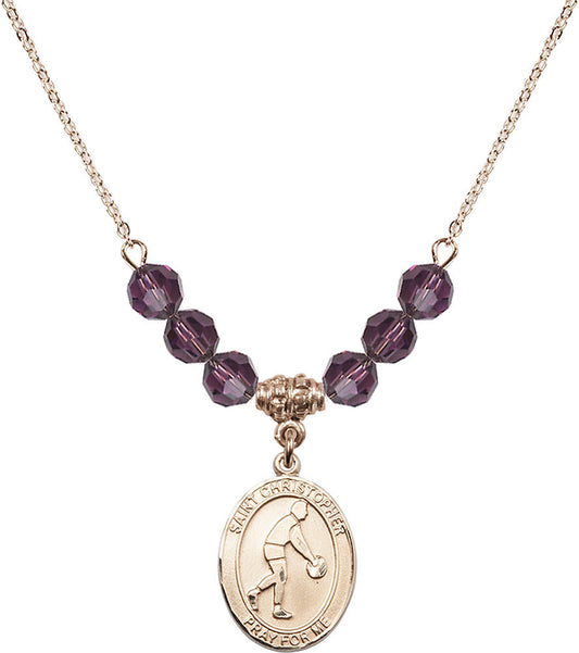 14kt Gold Filled Saint Christopher/Basketball Birthstone Necklace with Amethyst Beads - 8153