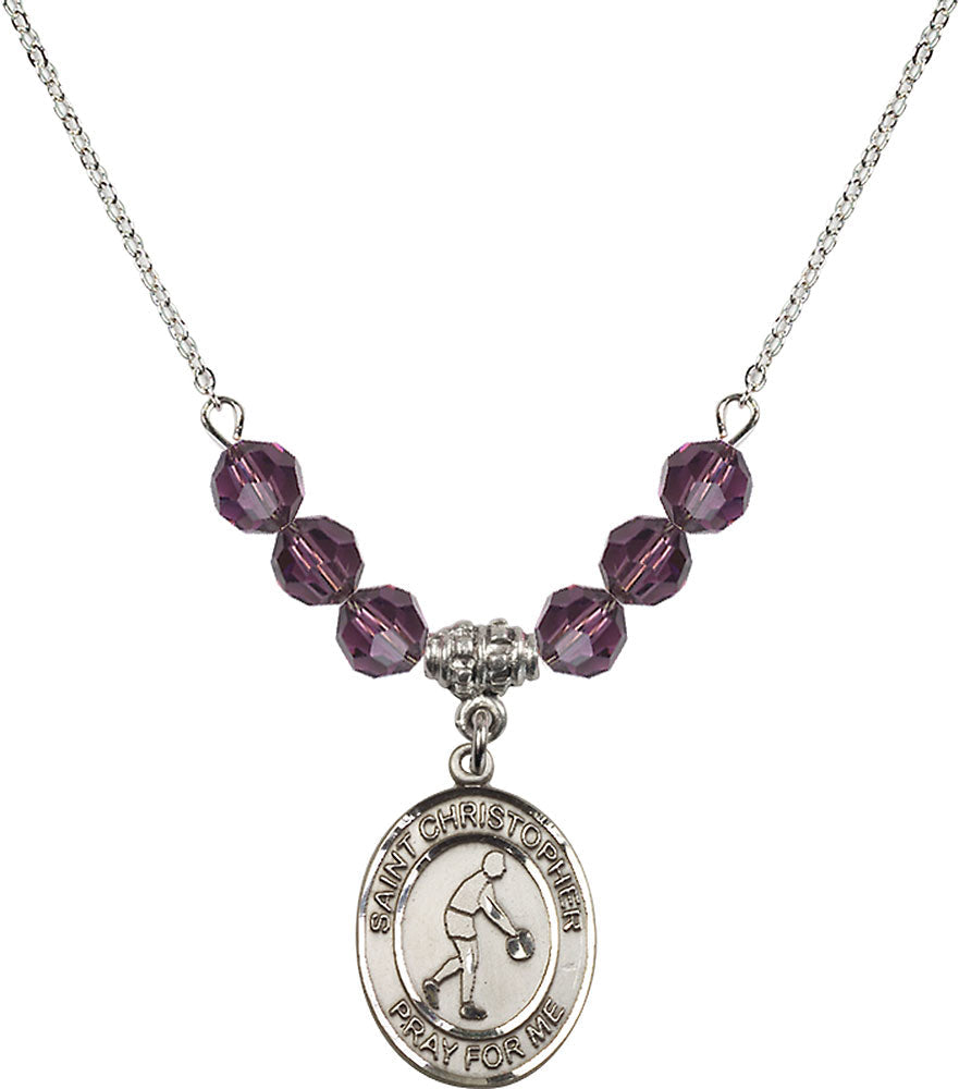 Sterling Silver Saint Christopher/Basketball Birthstone Necklace with Amethyst Beads - 8153