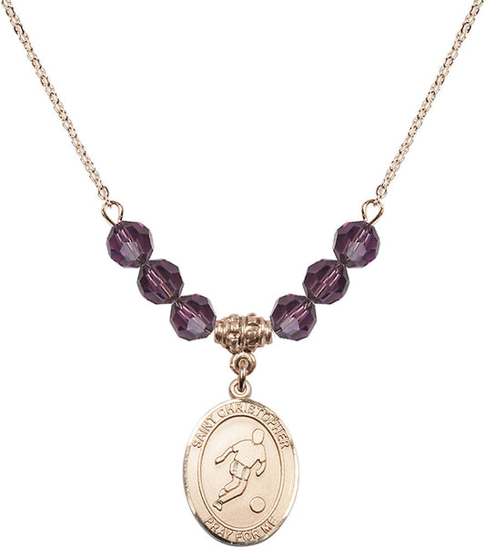 14kt Gold Filled Saint Christopher/Soccer Birthstone Necklace with Amethyst Beads - 8154