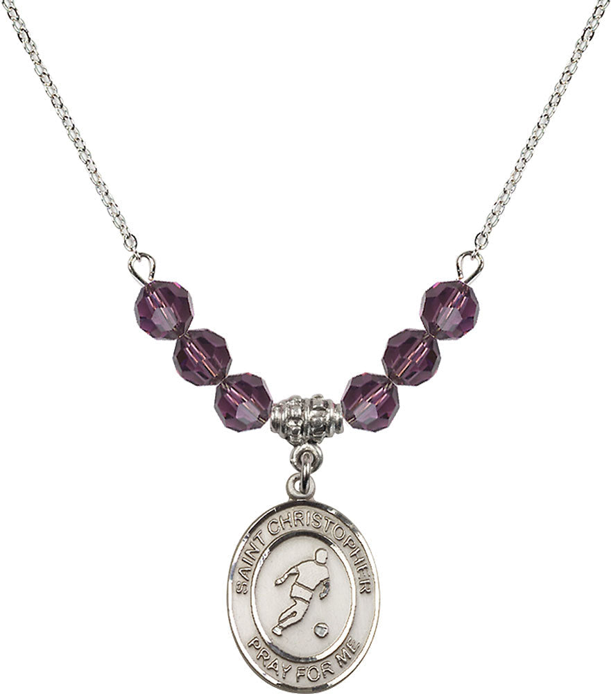 Sterling Silver Saint Christopher/Soccer Birthstone Necklace with Amethyst Beads - 8154