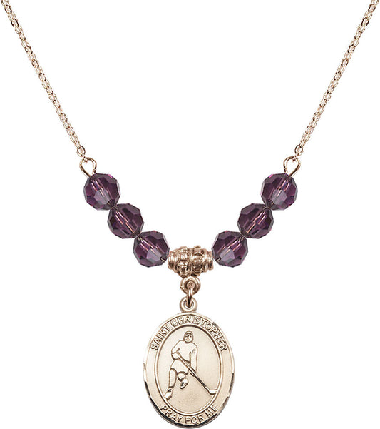 14kt Gold Filled Saint Christopher/Ice Hockey Birthstone Necklace with Amethyst Beads - 8155
