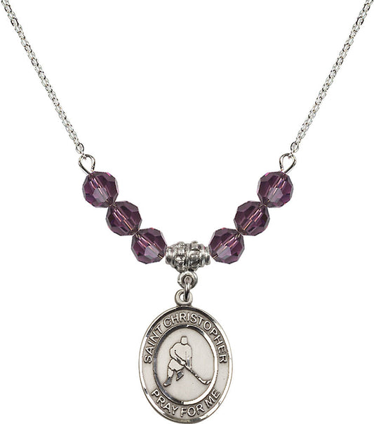 Sterling Silver Saint Christopher/Ice Hockey Birthstone Necklace with Amethyst Beads - 8155