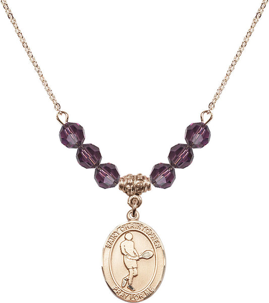 14kt Gold Filled Saint Christopher/Tennis Birthstone Necklace with Amethyst Beads - 8156