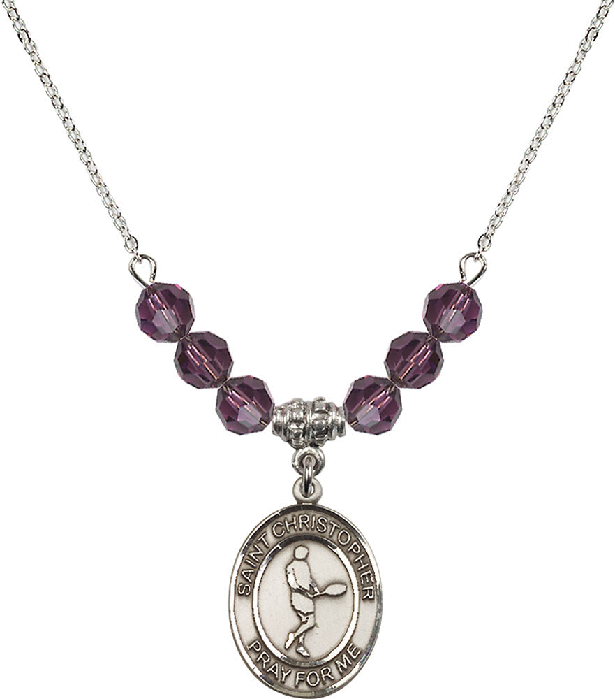 Sterling Silver Saint Christopher/Tennis Birthstone Necklace with Amethyst Beads - 8156
