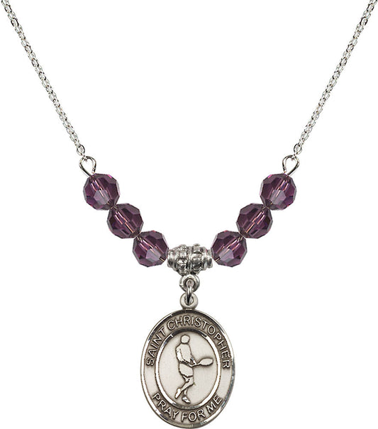Sterling Silver Saint Christopher/Tennis Birthstone Necklace with Amethyst Beads - 8156