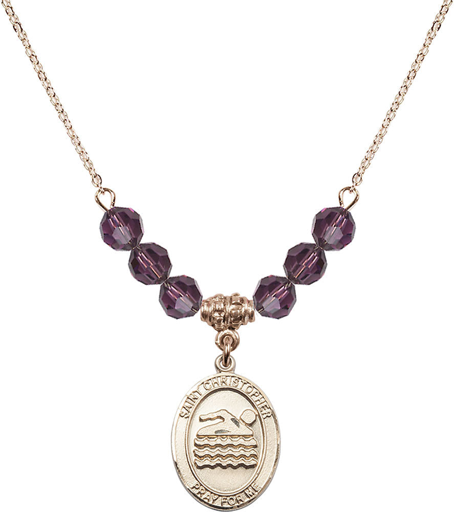 14kt Gold Filled Saint Christopher/Swimming Birthstone Necklace with Amethyst Beads - 8157
