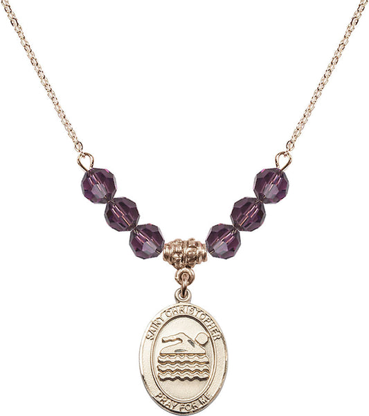 14kt Gold Filled Saint Christopher/Swimming Birthstone Necklace with Amethyst Beads - 8157