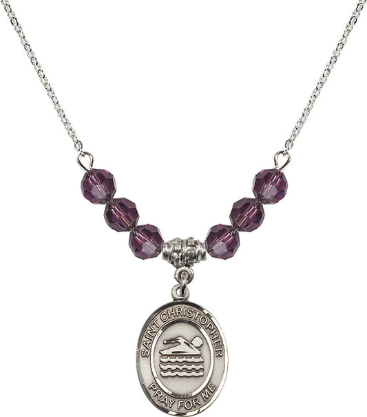 Sterling Silver Saint Christopher/Swimming Birthstone Necklace with Amethyst Beads - 8157