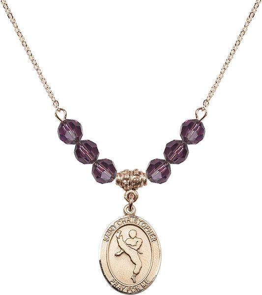 14kt Gold Filled Saint Christopher/Martial Arts Birthstone Necklace with Amethyst Beads - 8158