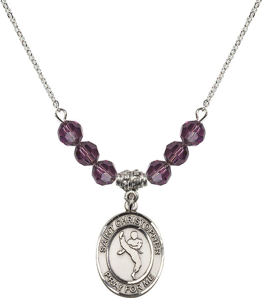 Sterling Silver Saint Christopher/Martial Arts Birthstone Necklace with Amethyst Beads - 8158