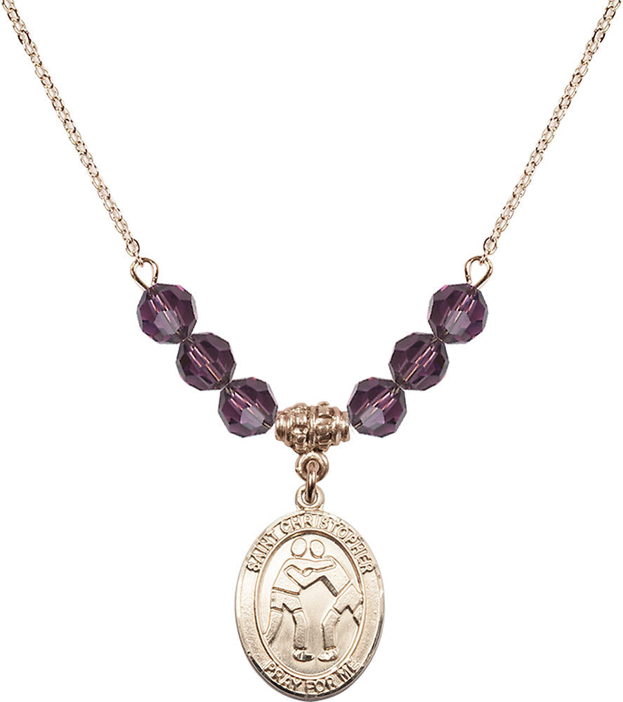 14kt Gold Filled Saint Christopher/Wrestling Birthstone Necklace with Amethyst Beads - 8159