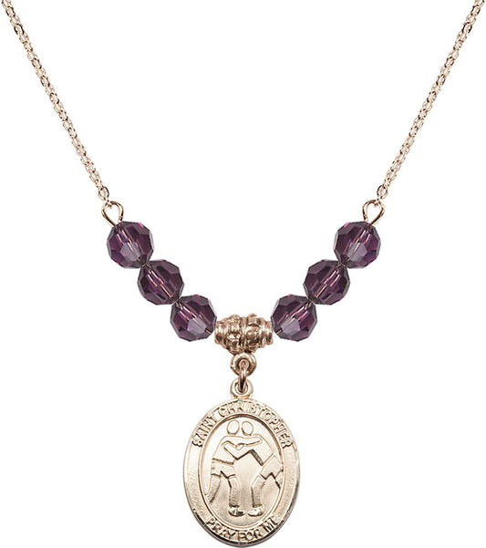 14kt Gold Filled Saint Christopher/Wrestling Birthstone Necklace with Amethyst Beads - 8159