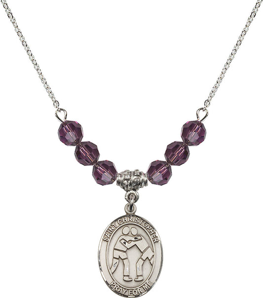 Sterling Silver Saint Christopher/Wrestling Birthstone Necklace with Amethyst Beads - 8159