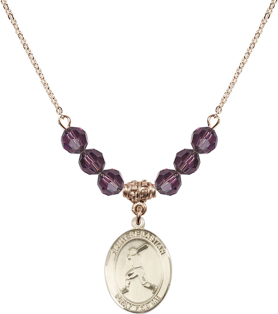 14kt Gold Filled Saint Sebastian/Baseball Birthstone Necklace with Amethyst Beads - 8160