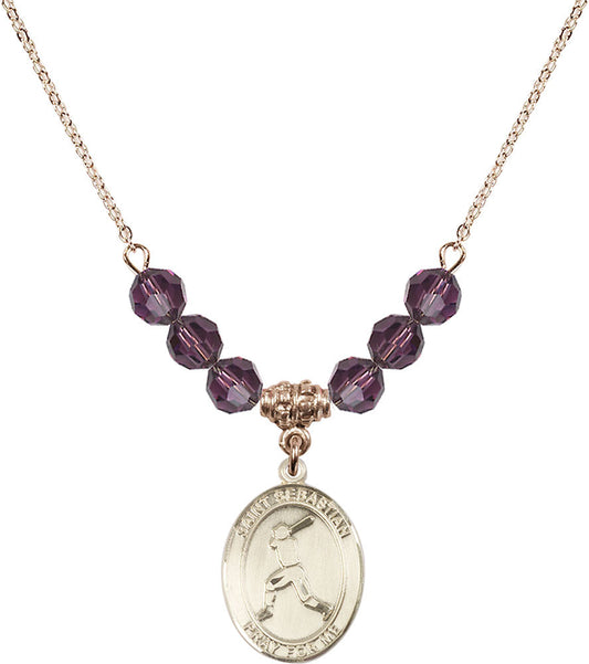 14kt Gold Filled Saint Sebastian/Baseball Birthstone Necklace with Amethyst Beads - 8160