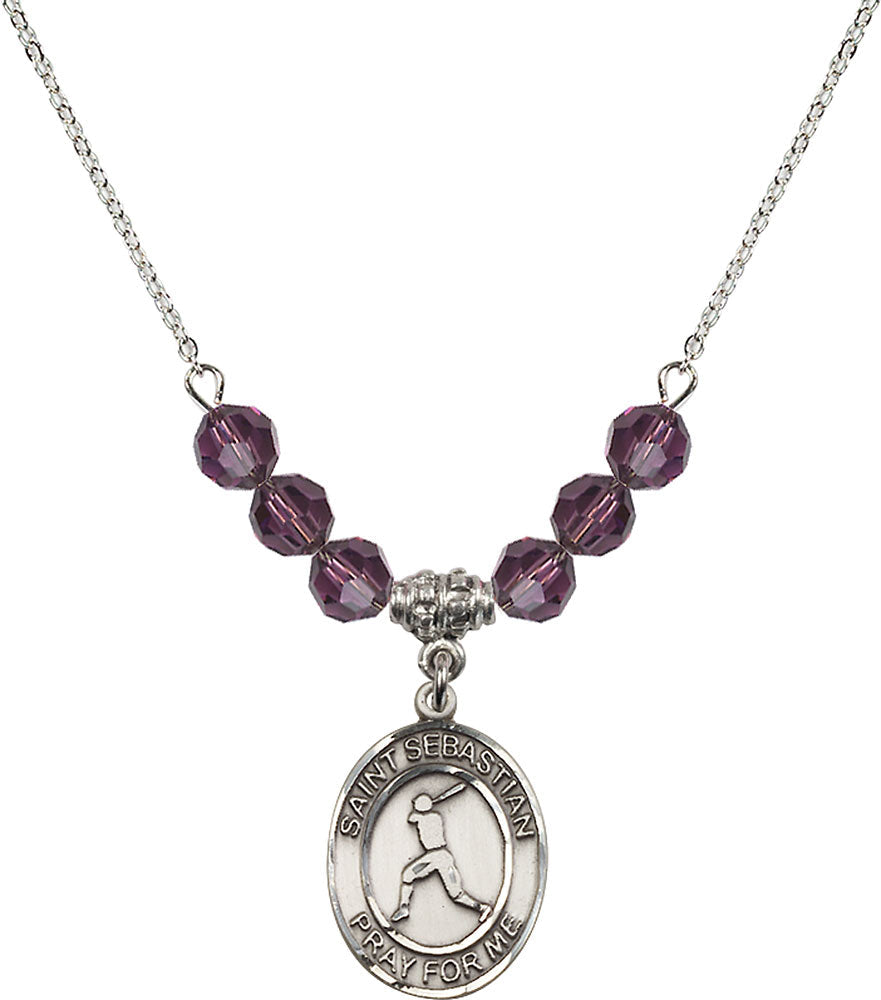 Sterling Silver Saint Sebastian/Baseball Birthstone Necklace with Amethyst Beads - 8160