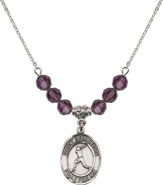 Sterling Silver Saint Sebastian/Baseball Birthstone Necklace with Amethyst Beads - 8160