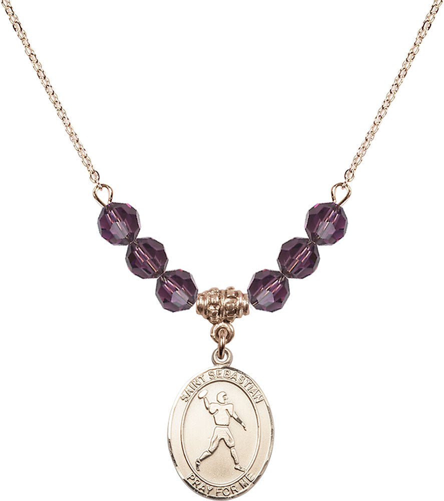 14kt Gold Filled Saint Sebastian/Football Birthstone Necklace with Amethyst Beads - 8161