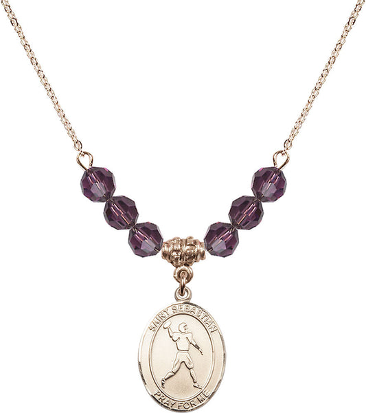 14kt Gold Filled Saint Sebastian/Football Birthstone Necklace with Amethyst Beads - 8161