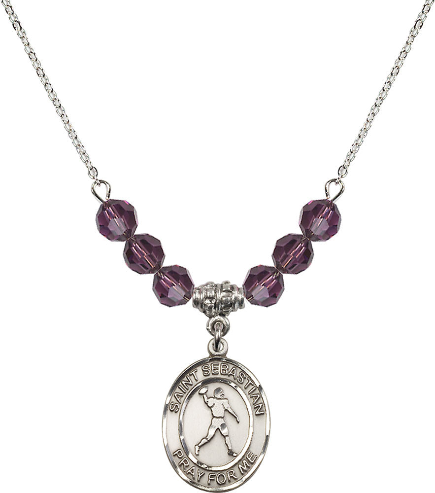 Sterling Silver Saint Sebastian/Football Birthstone Necklace with Amethyst Beads - 8161