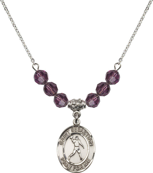 Sterling Silver Saint Sebastian/Football Birthstone Necklace with Amethyst Beads - 8161