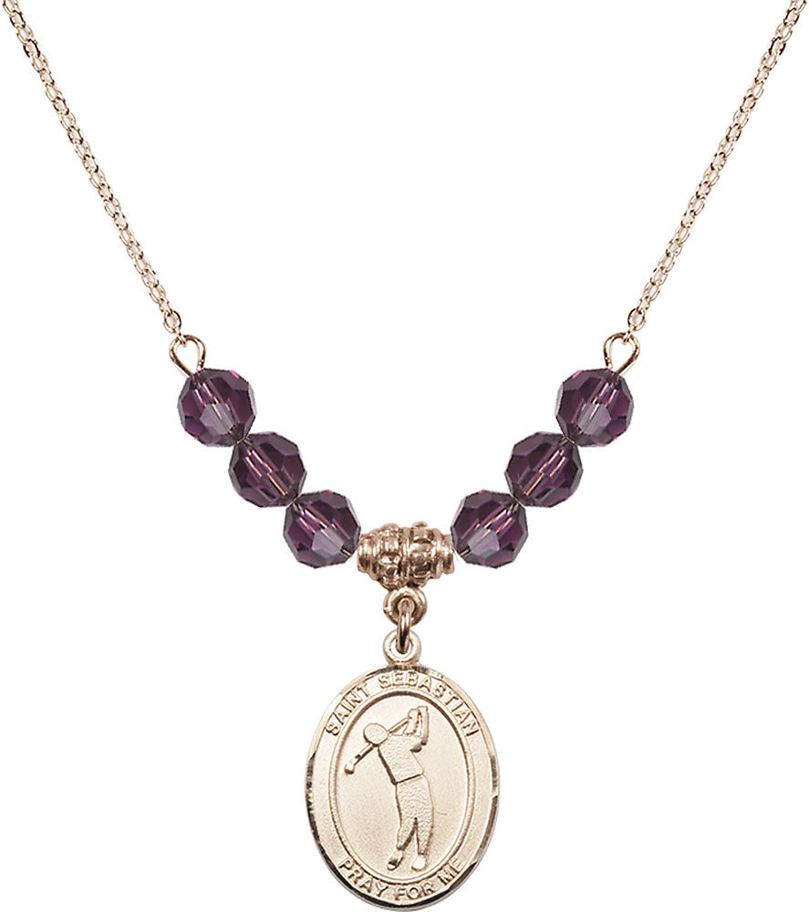 14kt Gold Filled Saint Sebastian/Golf Birthstone Necklace with Amethyst Beads - 8162