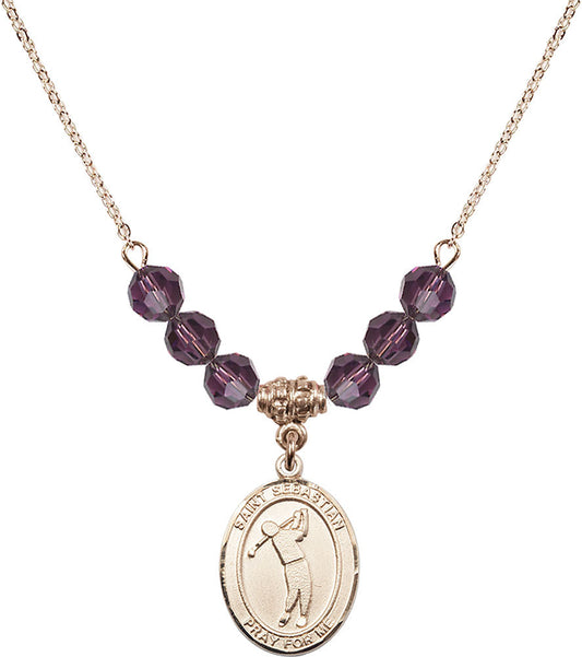 14kt Gold Filled Saint Sebastian/Golf Birthstone Necklace with Amethyst Beads - 8162