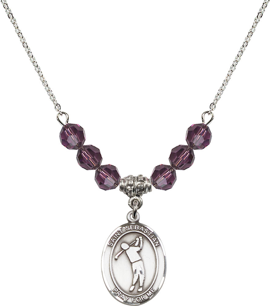 Sterling Silver Saint Sebastian/Golf Birthstone Necklace with Amethyst Beads - 8162