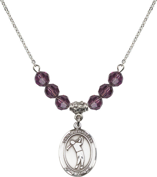 Sterling Silver Saint Sebastian/Golf Birthstone Necklace with Amethyst Beads - 8162
