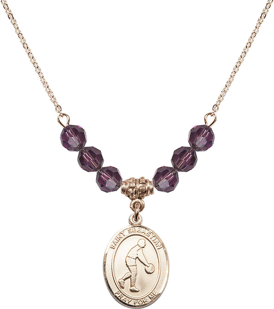 14kt Gold Filled Saint Sebastian/Basketball Birthstone Necklace with Amethyst Beads - 8163