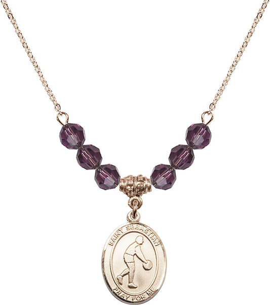 14kt Gold Filled Saint Sebastian/Basketball Birthstone Necklace with Amethyst Beads - 8163