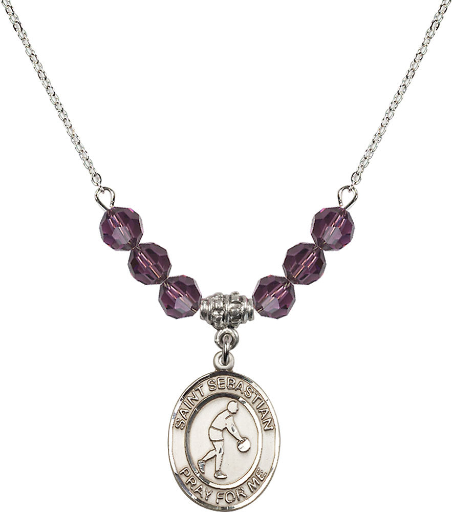 Sterling Silver Saint Sebastian/Basketball Birthstone Necklace with Amethyst Beads - 8163