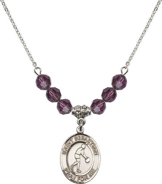 Sterling Silver Saint Sebastian/Basketball Birthstone Necklace with Amethyst Beads - 8163