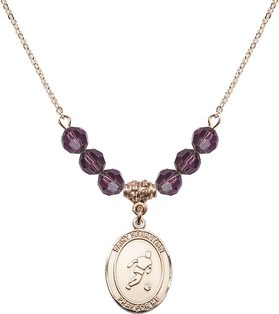 14kt Gold Filled Saint Sebastian/Soccer Birthstone Necklace with Amethyst Beads - 8164