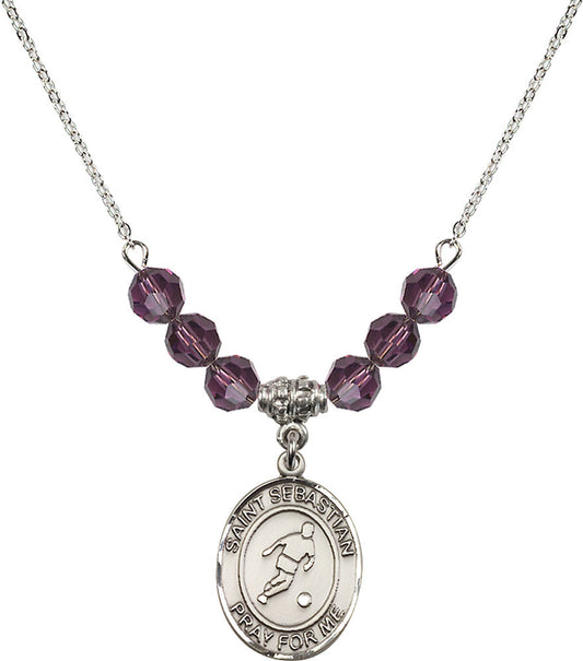 Sterling Silver Saint Sebastian/Soccer Birthstone Necklace with Amethyst Beads - 8164