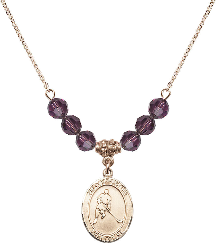 14kt Gold Filled Saint Sebastian/Ice Hockey Birthstone Necklace with Amethyst Beads - 8165