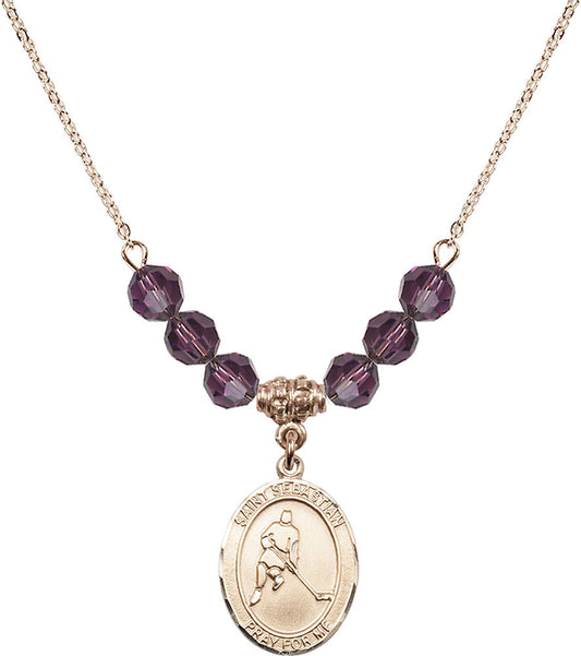 14kt Gold Filled Saint Sebastian/Ice Hockey Birthstone Necklace with Amethyst Beads - 8165